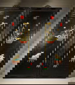 Pair of Red Sandalwood Inlaid Gem Stone Carved Flower and Flower Pot Pattern Wall Panel