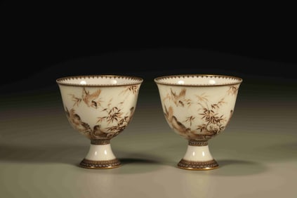 Pair of Ink Colored Flower and Bird Pattern Porcelain Cup