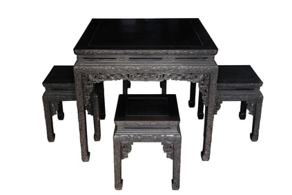 Group of Five Red Sandalwood Carved Flower Branch Pattern Table and Chair