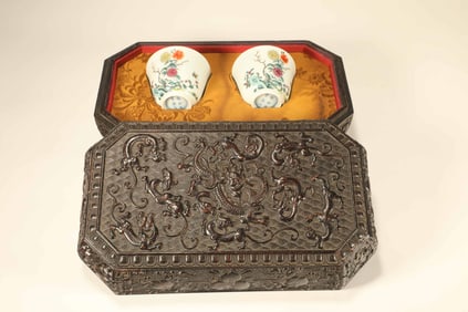 Pair of Famille Rose Flower and Poetry Pattern Porcelain Cup