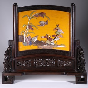 Lacquerware Inlaid Gem Stone Carved Flower and Bird Pattern Table Plaque