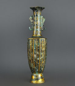 Chinese Bronze Gold and Silver Inlaid Carved Poetry Pattern Double Elephant Ears Vase