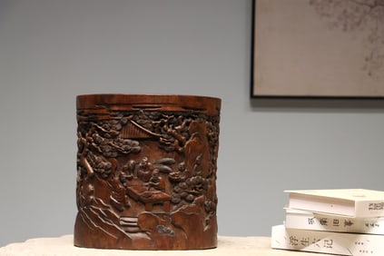 Huanghuali Wood Carved Character Story Pattern Brush Pot