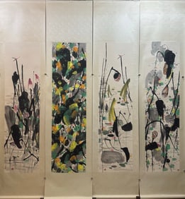 Group of Four Chinese Drawing Lotus Flower Painting,Wu Guanzhong Mark