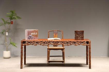 Huanghuali Wood Carved Plum Flower Pattern Table