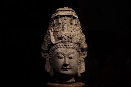 Grey Stone GuanYin Head Figure