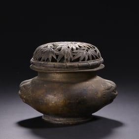 Bronze Carved Bamboo Pattern Double Lion Ears Incense Burner