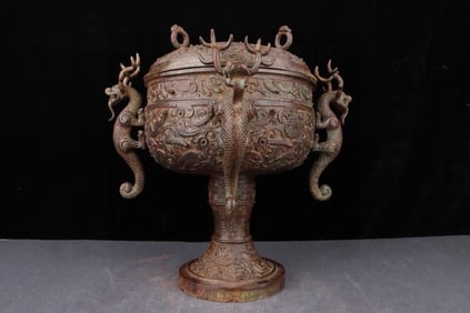 Chinese Bronze Carved Beast Face Pattern Four Dragon Ears Lid Pot