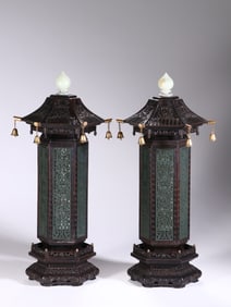 Pair of Red Sandalwood Inlaid Jasper Jade Carved Flower Pattern Incense Burner