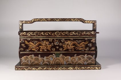 Huanghuali Wood Gold Drawing Dragon and Sea Wave Pattern Food Tray Box