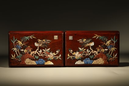 Pair of Huanghuali Wood Inlaid Gem Stone Carved Flower and Bird Pattern Lid Box
