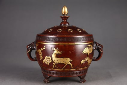 Bronze Inlaid Gilt Bronze Carved Deer and Crane Pattern Double Elephant Ears Incense Burner