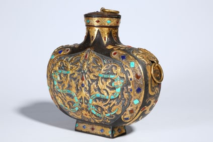 Bronze Inlaid Gilt Bronze and Green Turquoise Carved Dragon Pattern Pot