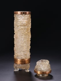 Pair of White Crystal Carved Dragon Pattern Incense Burner