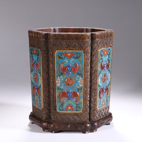 Huanghuali Wood Inlaid Bronze Cloisonne Carved Flower and Bat Pattern Brush Pot