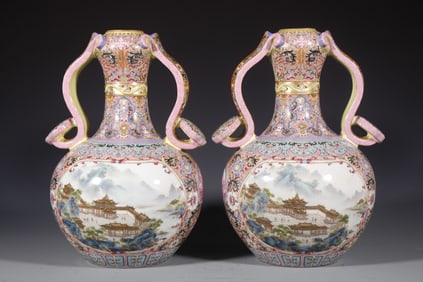 Pair of Enamel Drawing Landscape Pattern Porcelain Double RuYi Ears Zun