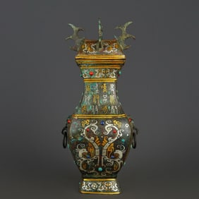 Chinese Bronze Gold and Silver Inlaid Green Turquoise Carved Dragon and Poetry Pattern Vase