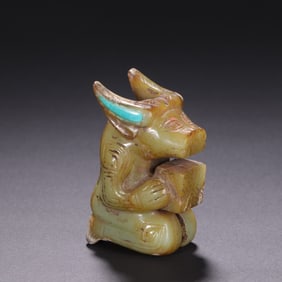 Jade Inlaid Green Turquoise Carved Ox Shape Ornament