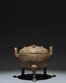 Chinese Bronze Carved Cloud Pattern Double Ears Ding