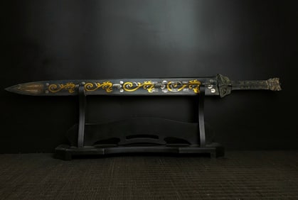 Chinese Bronze Gold and Silver Inlaid Carved Poetry and Dragon Pattern Sword Ornament