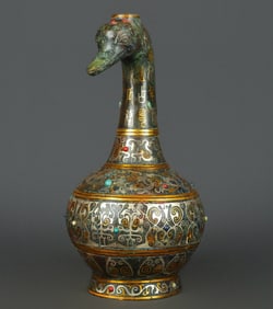Chinese Bronze Gold and Silver Inlaid Green Turquoise Carved Dragon and Poetry Pattern Duck Shape