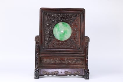 Red Sandalwood Inlaid Jadeite Carved Dragon Pattern Table Plaque