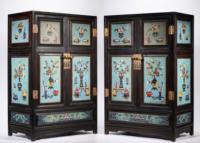 A Pair of Cloisonné Enamel 'Antiquarian' Cabinets