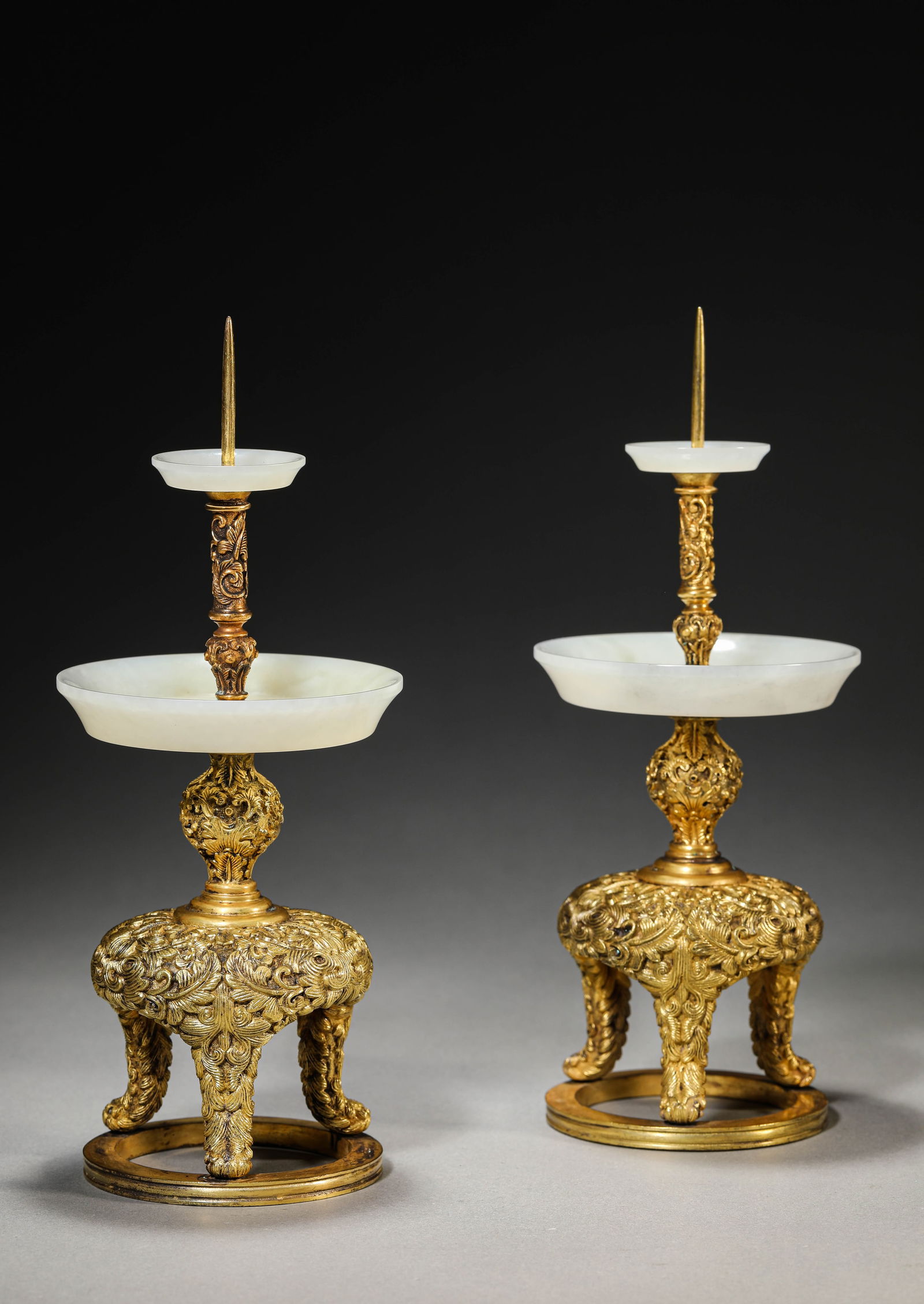 A Pair of Gilt-Bronze Oil Lamps with Jade Inlay: A Pair of Gilt-Bronze Oil Lamps with Jade Inlay (10 x 23.5cm)