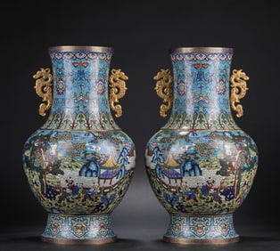A Pair of Cloisonné Enamel 'Children at Play' Vases