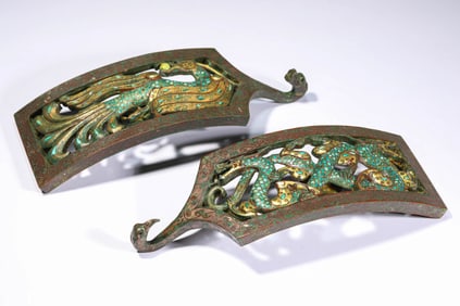 A Group of Gold-and-Silver Inlaid Bronze 'Dragon-and-Phoenix' Belt Hooks with Turquoise