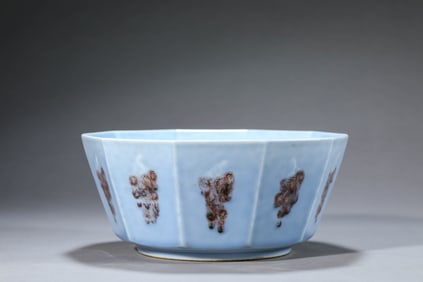 A Sky-Blue Glazed Underglaze-Red 'Grape' Decagonal Bowl
