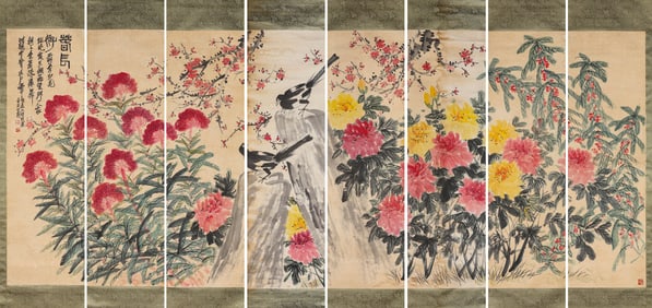 Qi Baishi (1864-1957), attributed to, Flowers (Eight-Panel Screen)