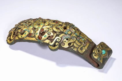 A Gold-and-Silver Inlaid Bronze Belt Hook with Gemstones