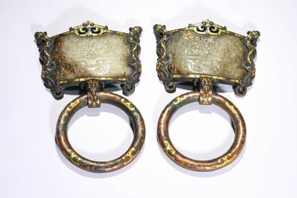A Gold-and-Silver Inlaid Bronze Door Pull with Jade
