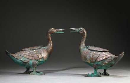 A Pair of Gold-and-Silver Inlaid Bronze Ducks