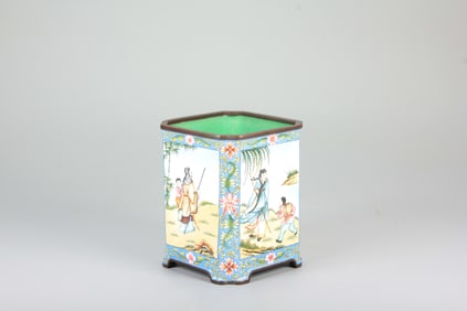 A COPPER-BASED ENAMEL-PAINTED SQUARE BRUSH POT WITH FOUR SEASONS FIGURES