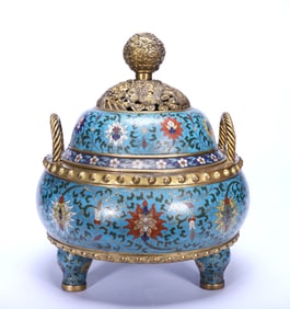 A CLOISONNÉ DRUM-SHAPED CENSER