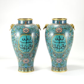 A PAIR OF CLOISONNÉ DOUBLE-EARED PRUNUS VASES