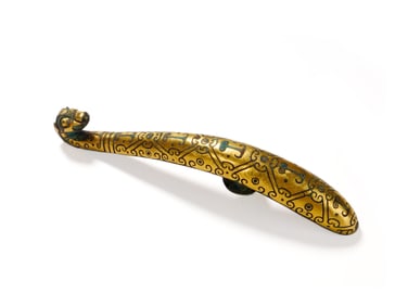 A BRONZE BELT HOOK INLAID WITH GOLD AND SILVER