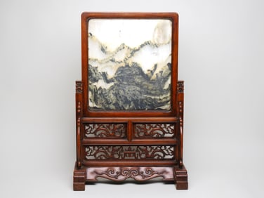 A HUANGHUALI WOOD SCREEN INLAID WITH CLOUD-STONE AND DRAGON PATTERNS