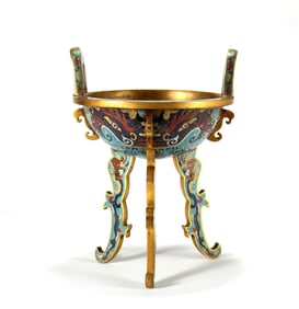 A CLOISONNÉ TRIPOD CENSER