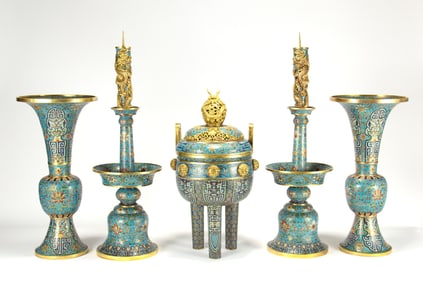 A CLOISONNÉ FIVE-ALTAR-PIECE SET