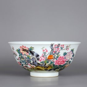 A YANGCAI FLOWER-AND-BIRD POETRY BOWL