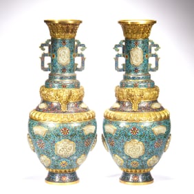 A PAIR OF CLOISONNÉ JADE-INLAID VASES