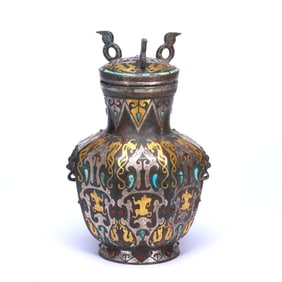 A GOLD-AND-SILVER-INLAID BRONZE VESSEL (FOU) WITH BEAST PATTERN