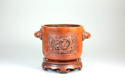 A BRONZE CENSER WITH PHOENIX-EAR SHAPE AND DRAGON-PLAYING-PEARL PATTERN
