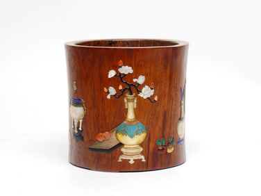 A HUANGHUALI WOOD BRUSH POT INLAID WITH PRECIOUS STONES
