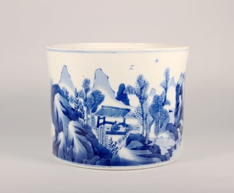 A BLUE-AND-WHITE LANDSCAPE BRUSHPOT