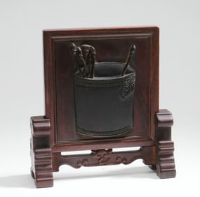 A HUANGHUALI WOOD INK STONE SCREEN WITH ROSEWOOD INLAY, ENGRAVED WITH POETIC LINES FROM "ON LOVING