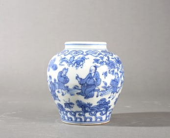 A BLUE-AND-WHITE SCHOLAR-AND-CHILD JAR